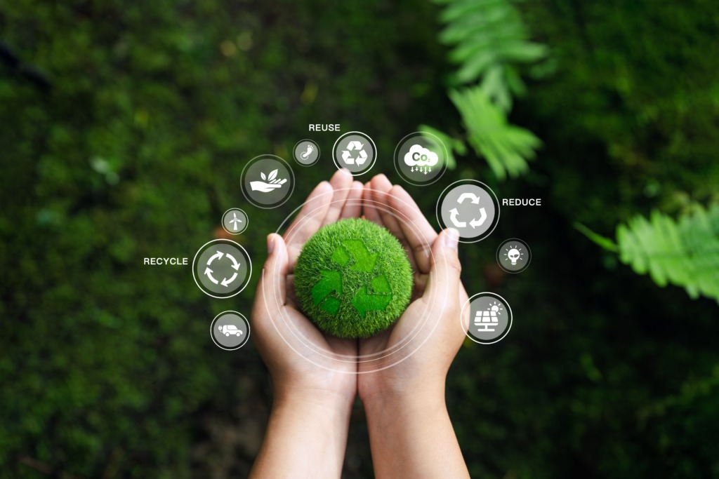 Our Commitment — Hands Holding Green Earth with Sustainability Icons Hands holding a small green earth surrounded by Reuse, Reduce, Recycle and other sustainability icons