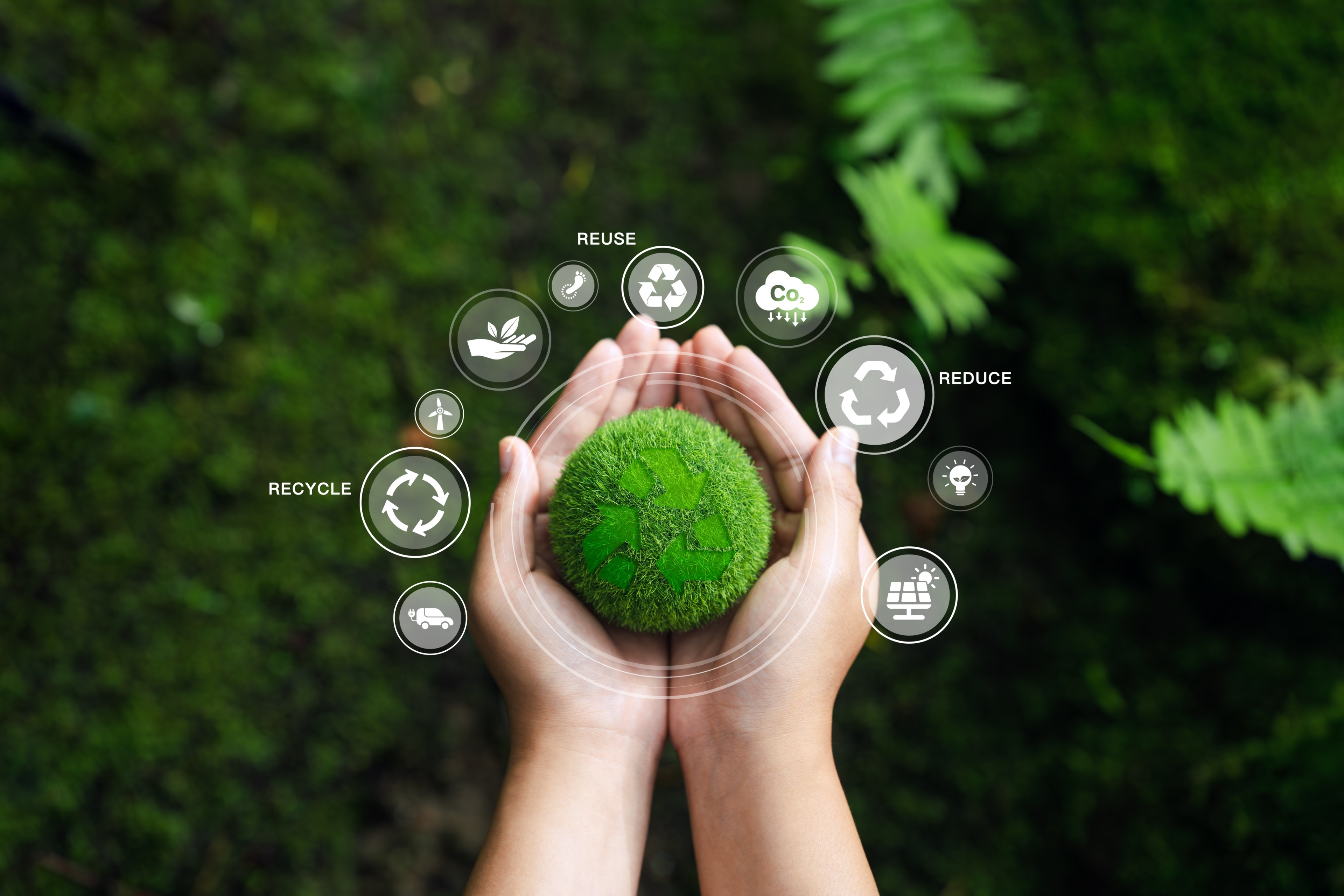 Our Commitment — Hands Holding Green Earth with Sustainability Icons Hands holding a small green earth surrounded by Reuse, Reduce, Recycle and other sustainability icons