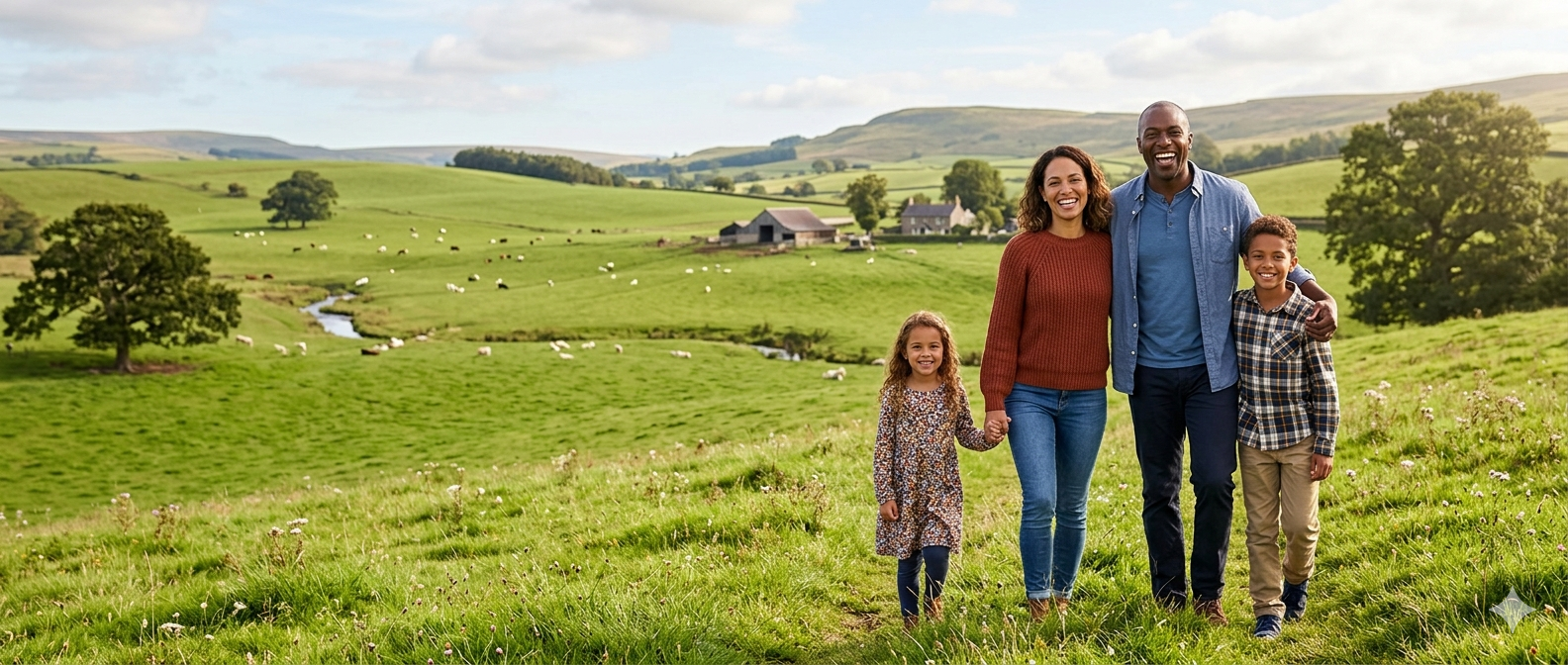 Bionet ESG Hero — Multi-Generational Family in Rural Meadow Multi-generational family walking together in lush green rural meadow with farmland and rolling hills in background, representing Bionet ESG commitment to sustainable healthcare across generations and communities
