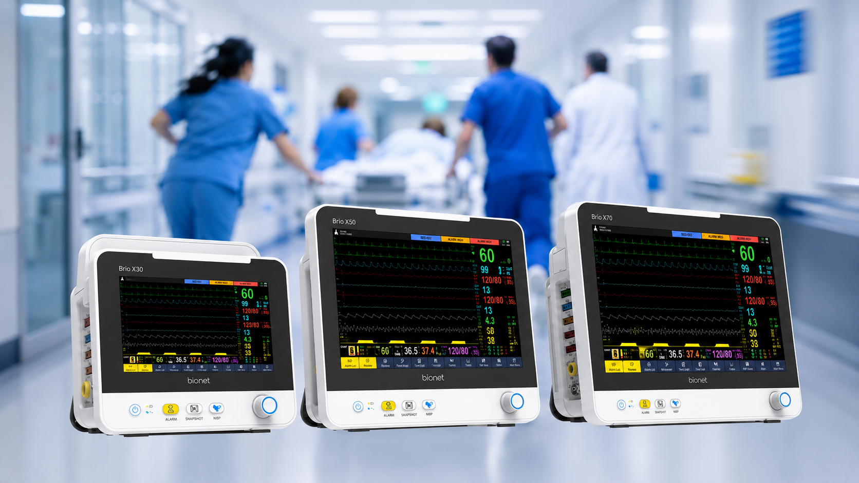 Bionet Brio X30, X50 and X70 patient monitors displaying real-time vital signs in a hospital emergency and critical care environment