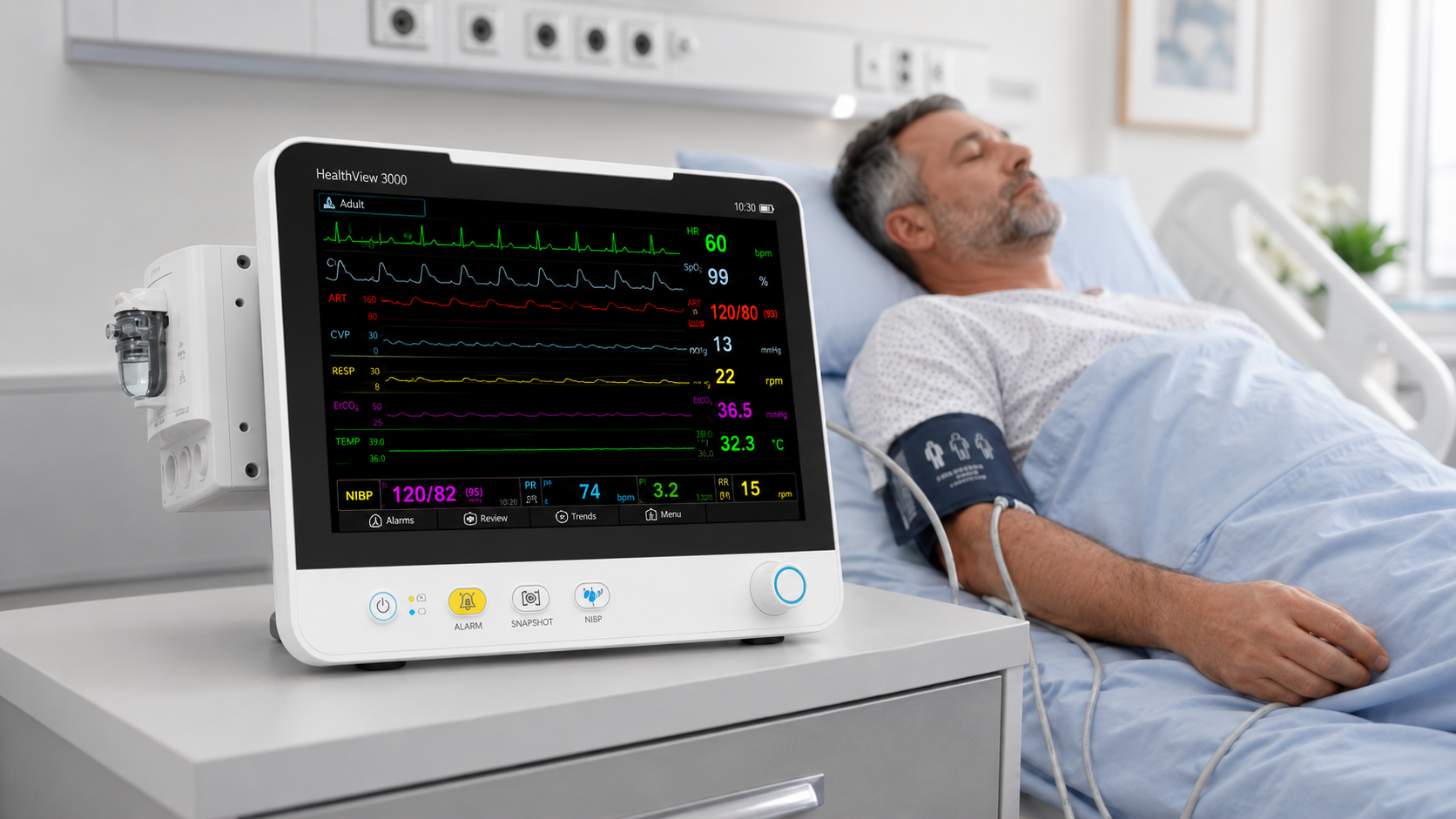 Brio bedside patient monitor providing continuous ECG, SpO2, NIBP and respiratory monitoring for hospitalized patients in ICU and ward environments