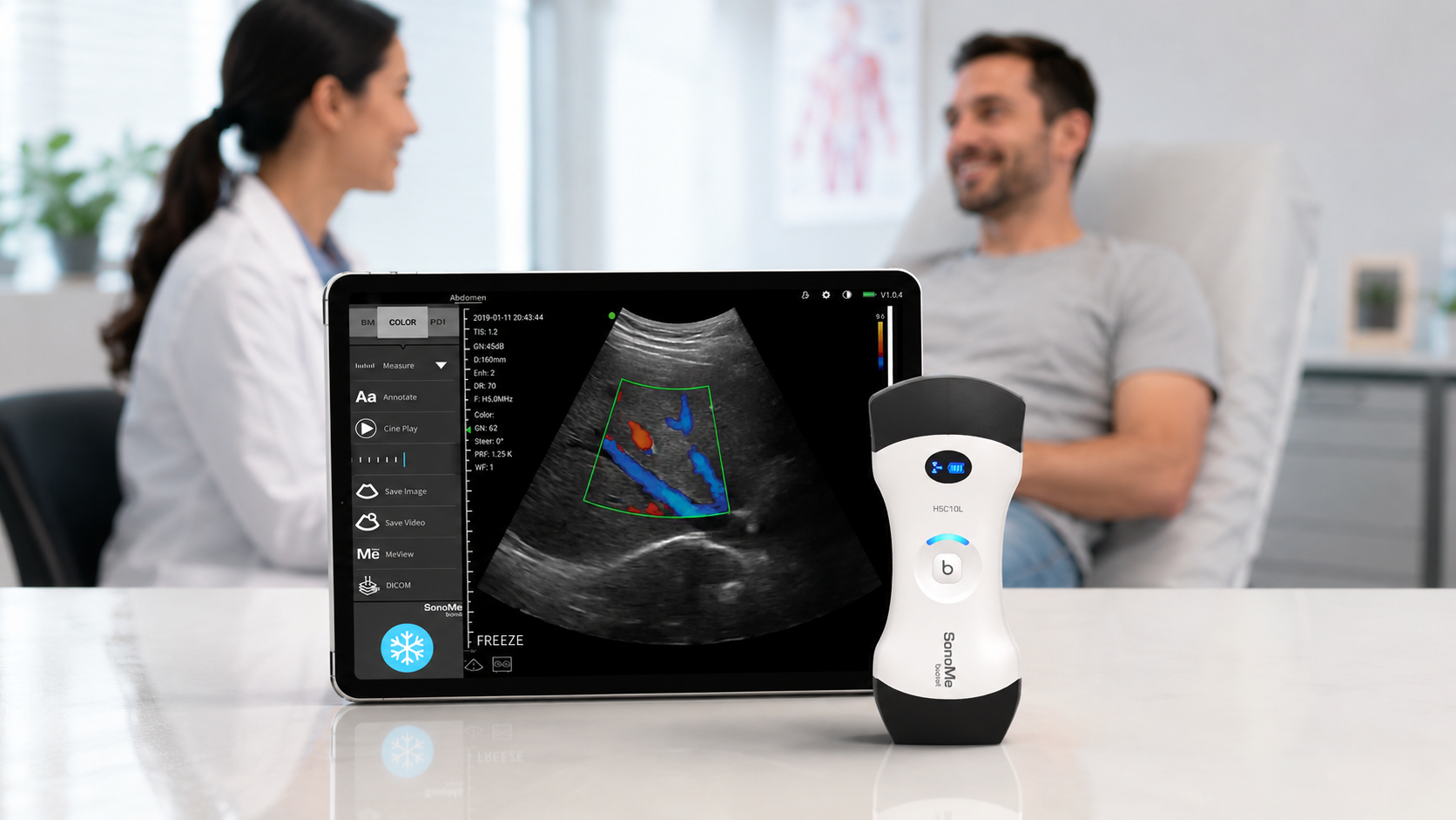 SonoMe wireless handheld ultrasound device connected to a tablet displaying real-time color Doppler imaging for point-of-care clinical diagnosis and patient assessment