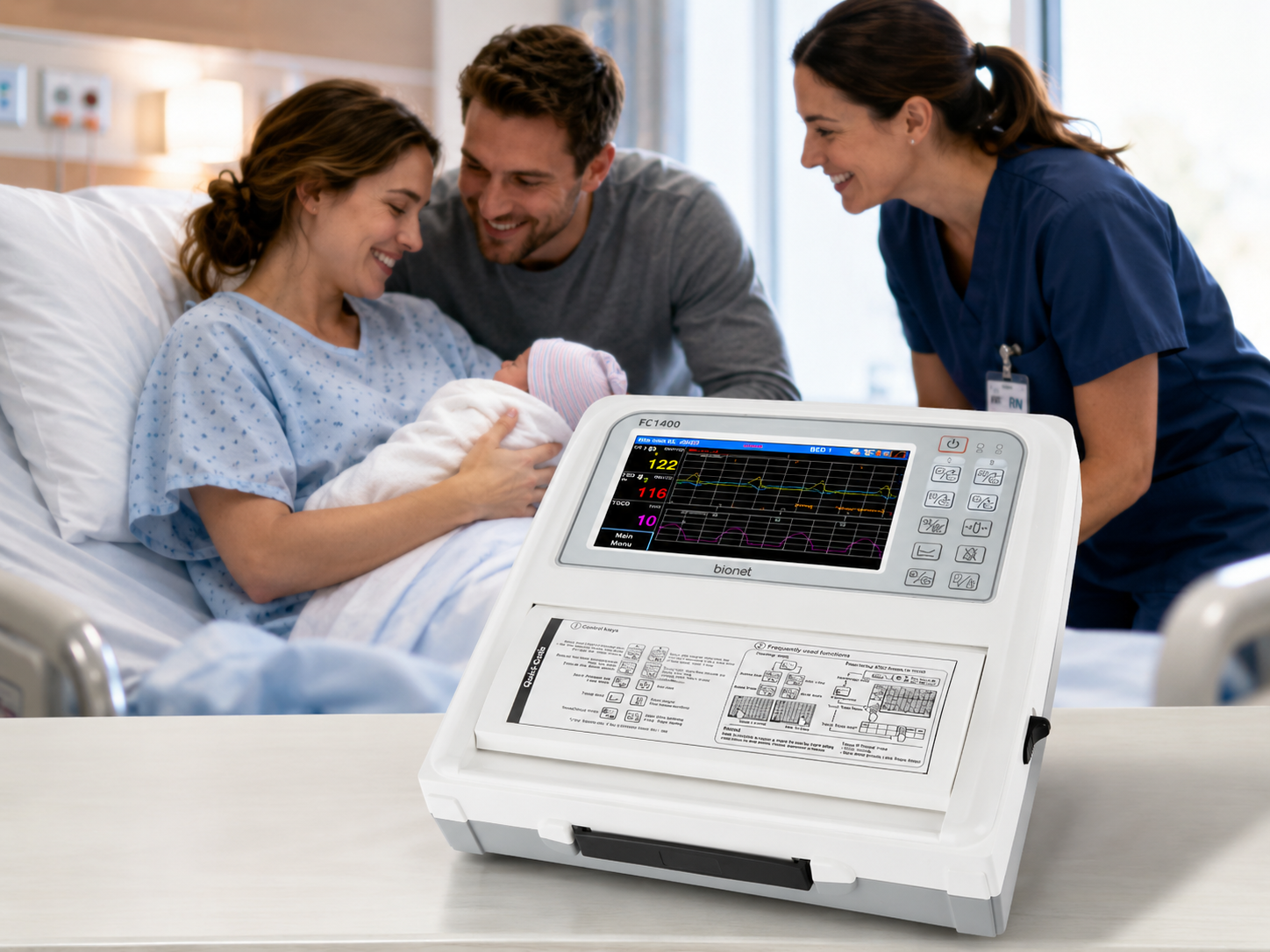 Advanced fetal monitoring system displaying real-time fetal heart rate and uterine activity during labor and delivery while healthcare professionals support a mother and newborn