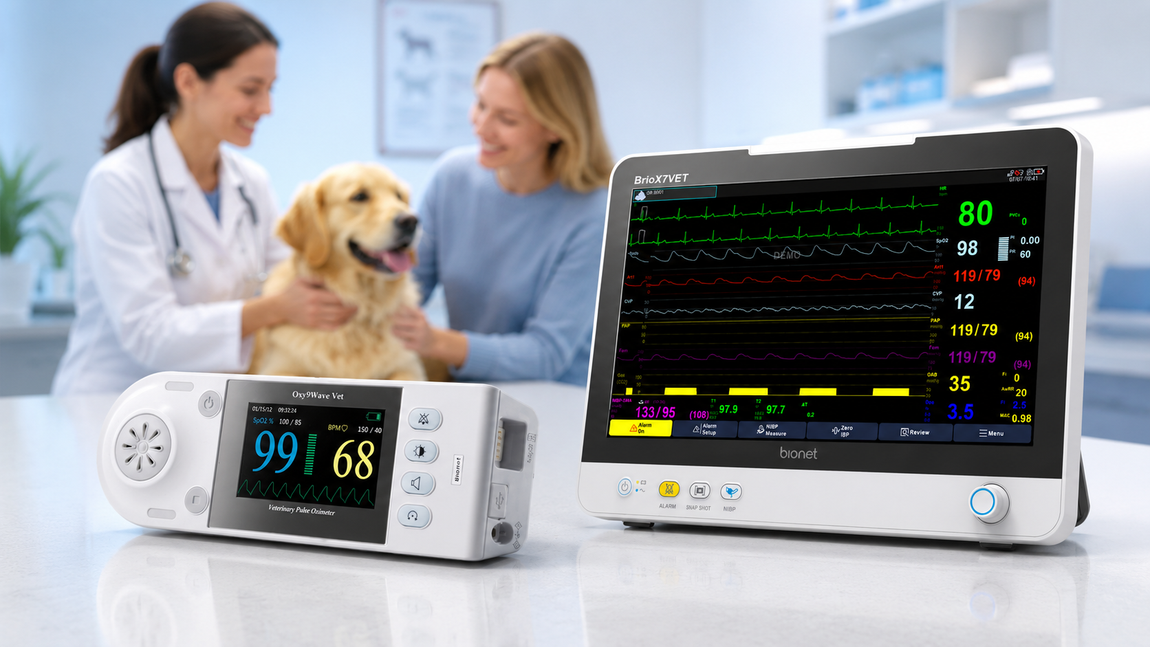 Bionet Brio X7VET & Oxy9waveVET Veterinary Patient Monitoring Solutions Veterinarian using Bionet Brio X7VET patient monitor and Oxy9waveVET handheld pulse oximeter for real-time vital signs monitoring during companion animal care