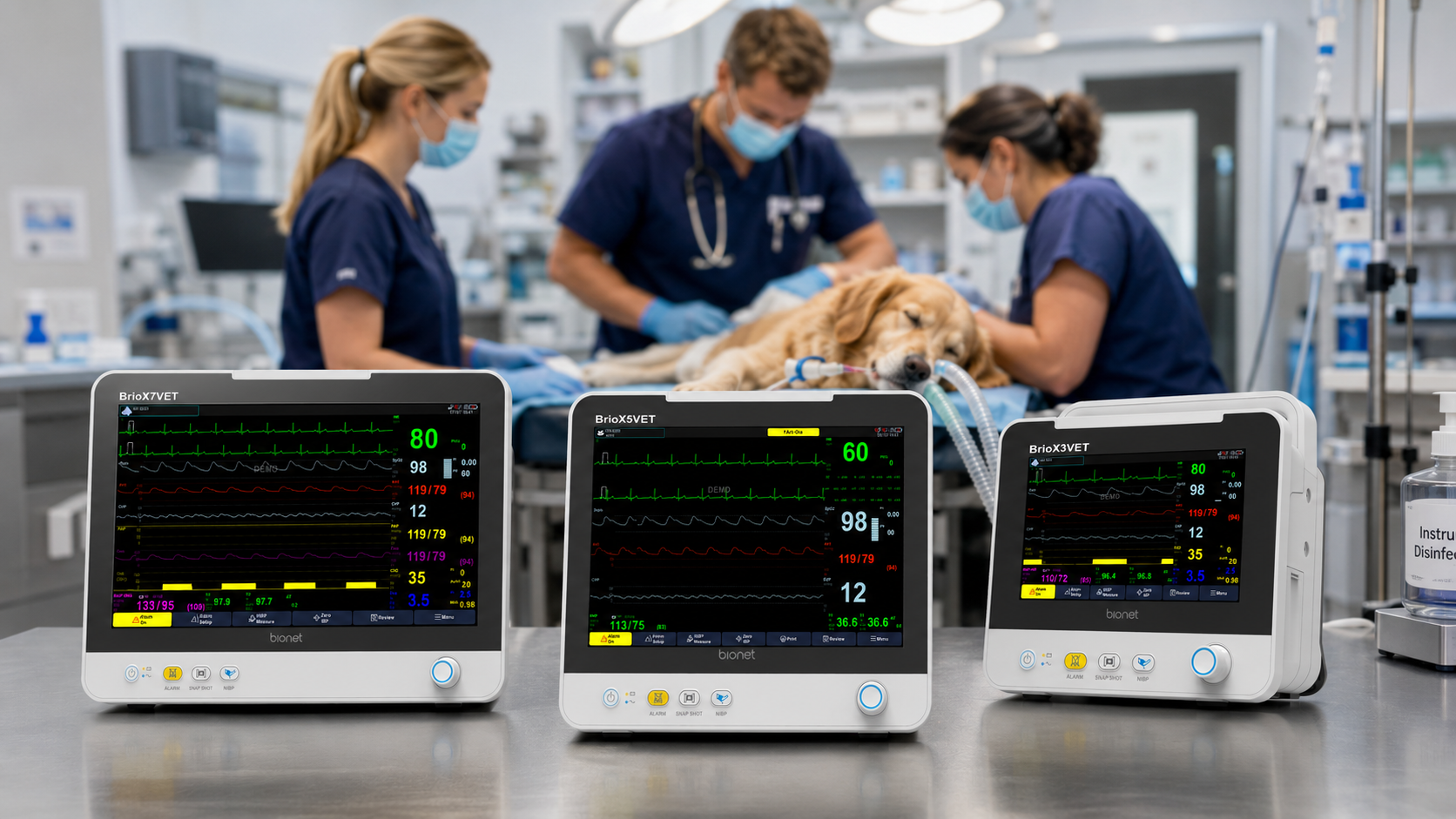 Bionet Brio X3VET, X5VET & X7VET Veterinary Patient Monitoring Solutions Bionet Brio X3VET, Brio X5VET and Brio X7VET veterinary patient monitors providing real-time anesthesia and critical care monitoring during companion animal surgery