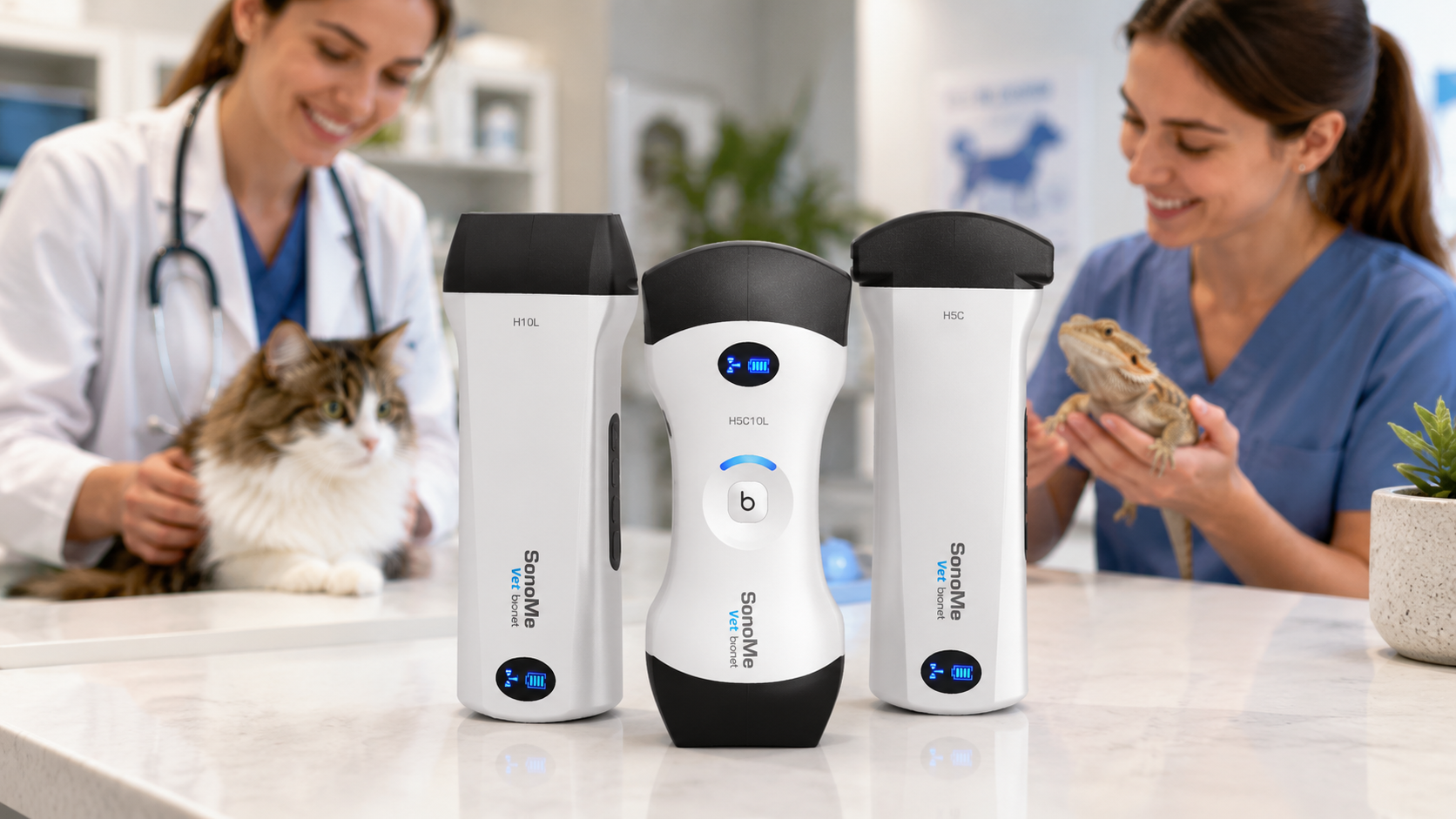 Bionet SonoMe Vet Wireless Ultrasound for Multi-Species Veterinary Imaging Bionet SonoMe Vet wireless ultrasound system featuring H10L, H5C10L and H5C probes for diagnostic imaging of companion animals and exotic species in veterinary practice