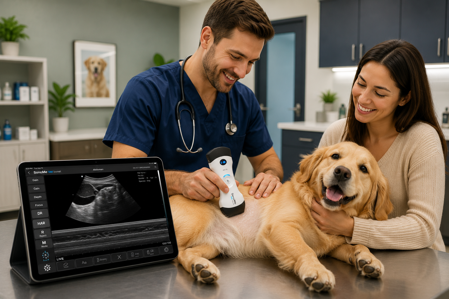 SonoMe Vet Wireless Ultrasound for Companion Animal Diagnostics Veterinarian performing a wireless ultrasound examination on a companion dog using the Bionet SonoMe Vet portable ultrasound system with real-time imaging displayed on a tablet