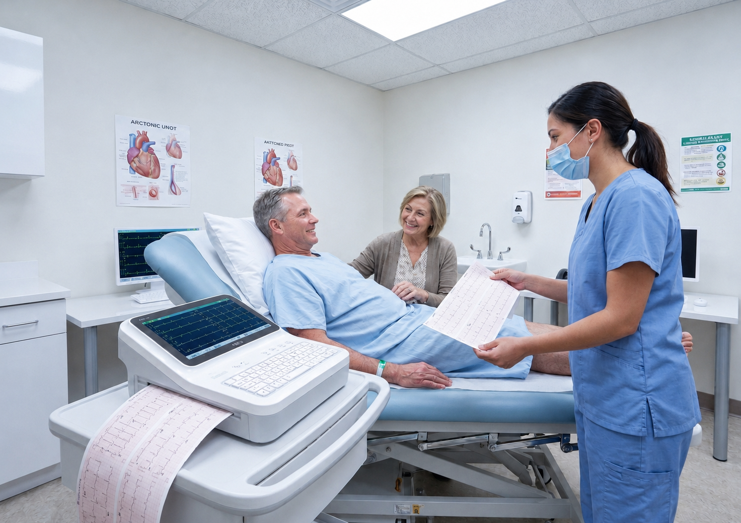 Healthcare professional performing a resting ECG examination using a 12-channel electrocardiograph while reviewing cardiac waveforms with a patient in a hospital examination room