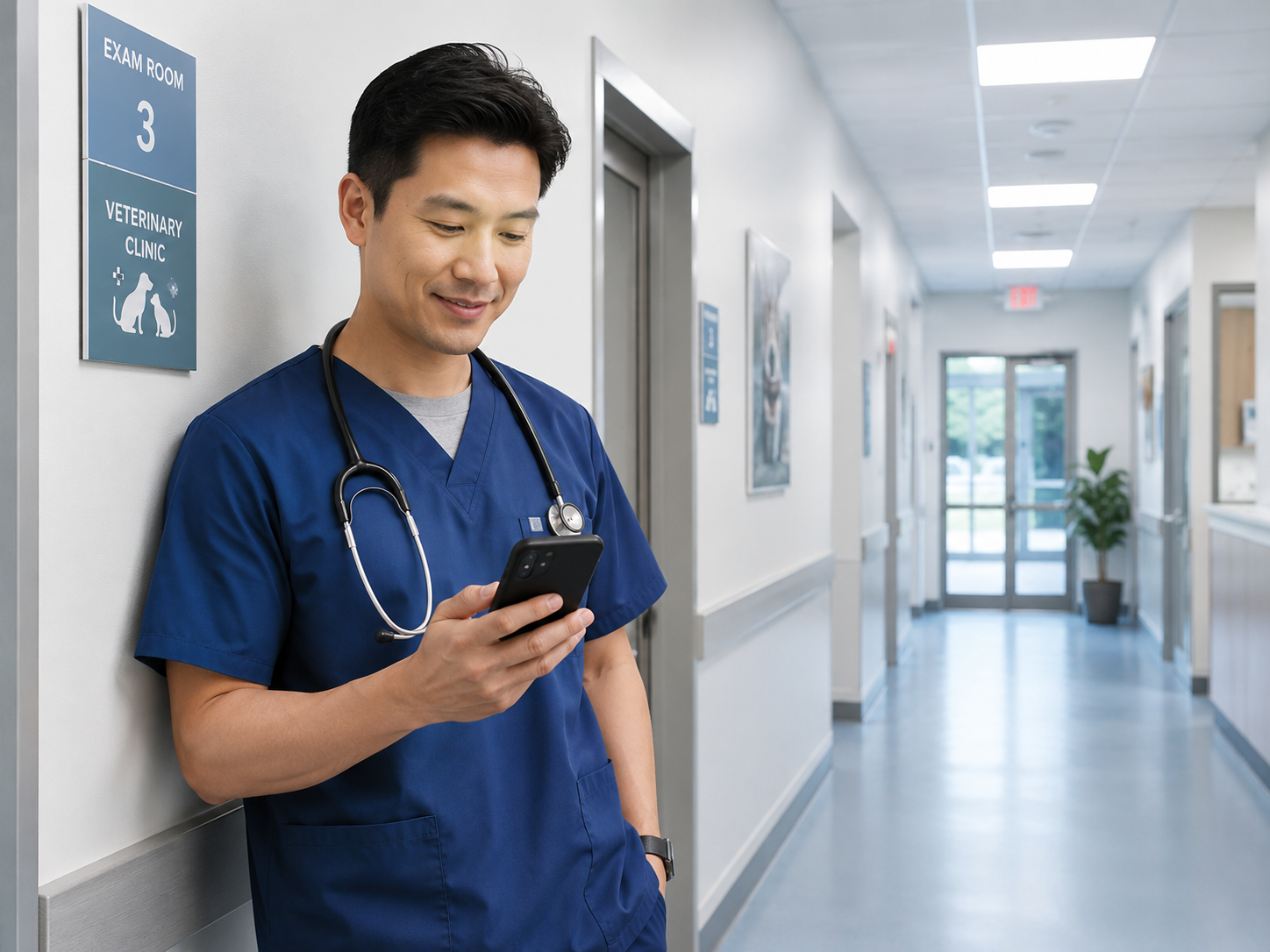 Veterinarian Using Mobile Technology for Connected Veterinary Care Veterinarian using a smartphone in a veterinary clinic hallway to access digital patient information and support connected veterinary care workflow