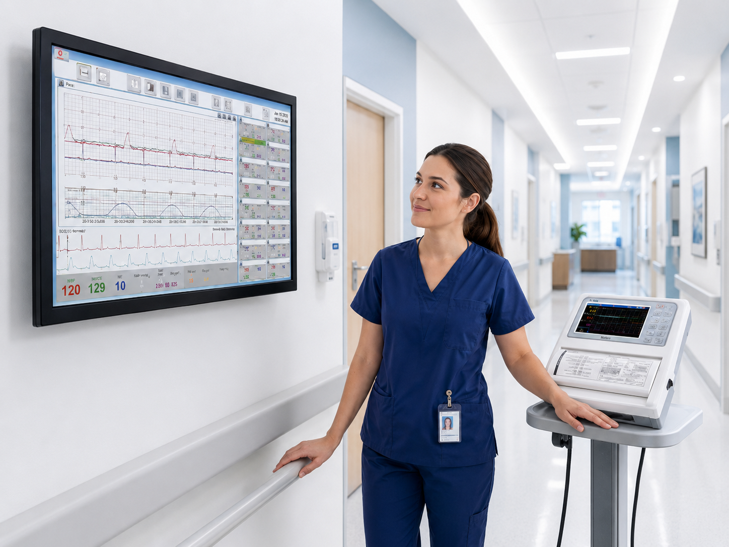 Nurse monitoring real-time maternal and fetal vital signs on a central monitoring display connected to an NST and CTG fetal monitoring system in a hospital corridor