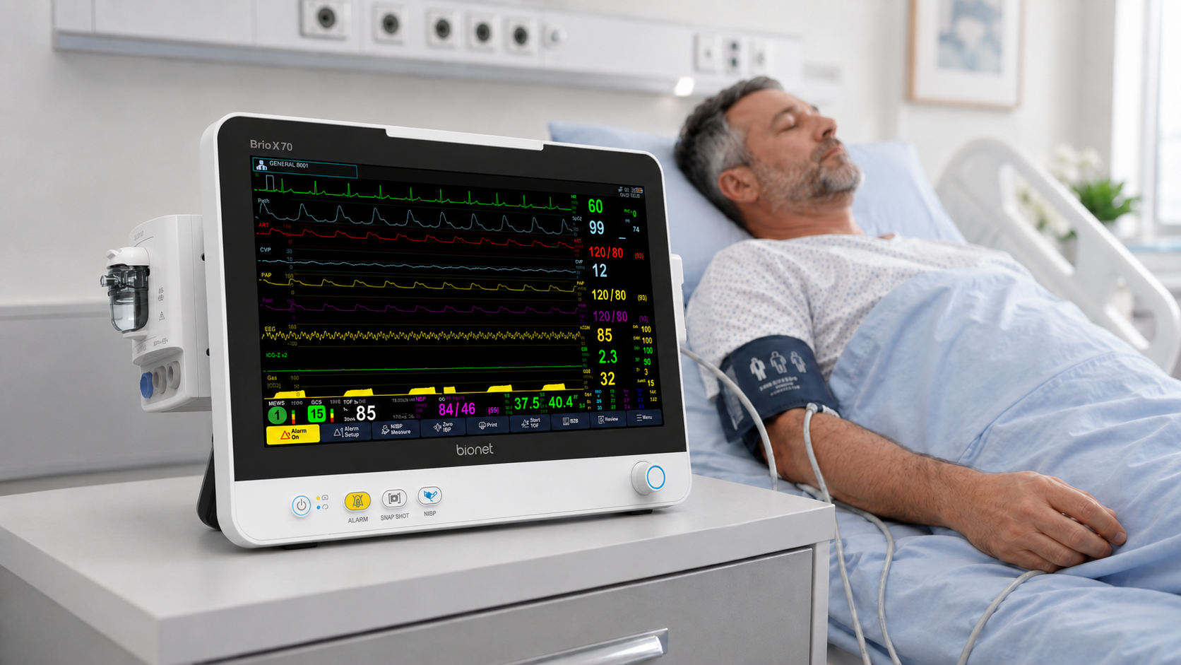 Brio Multi-Parameter Bedside Monitor for Continuous Patient Monitoring Brio bedside patient monitor providing continuous ECG, SpO2, NIBP and respiratory monitoring for hospitalized patients in ICU and ward environments