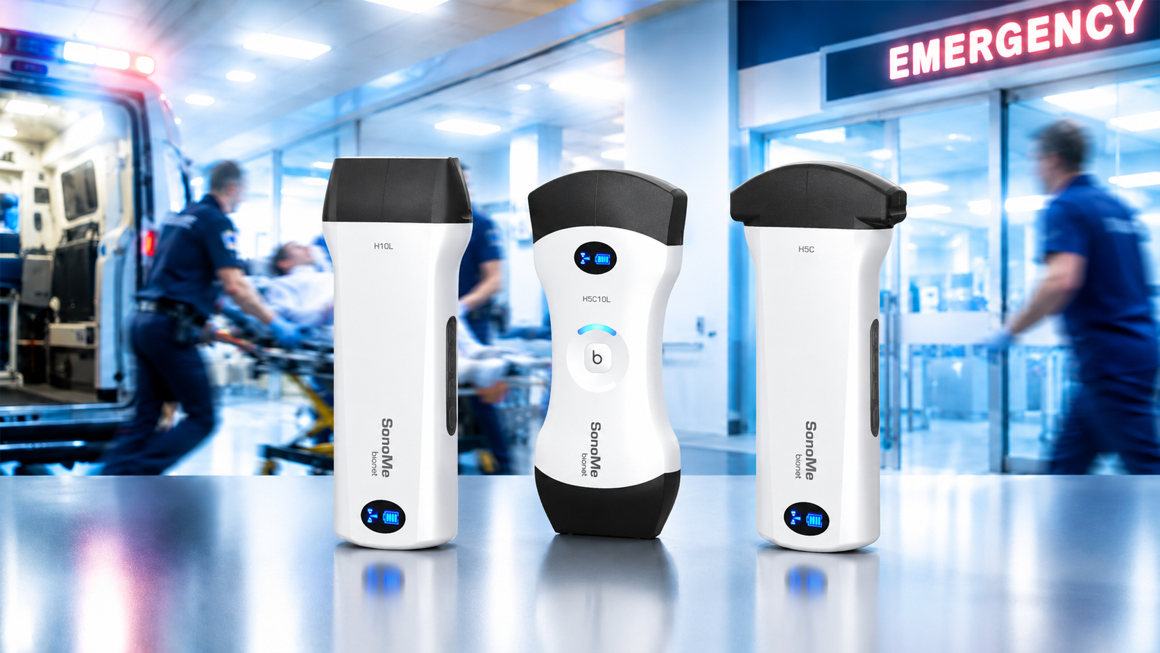 SonoMe Wireless Ultrasound for Emergency Point-of-Care Imaging SonoMe wireless ultrasound probes supporting emergency point-of-care ultrasound (POCUS) for rapid bedside diagnosis in emergency and critical care