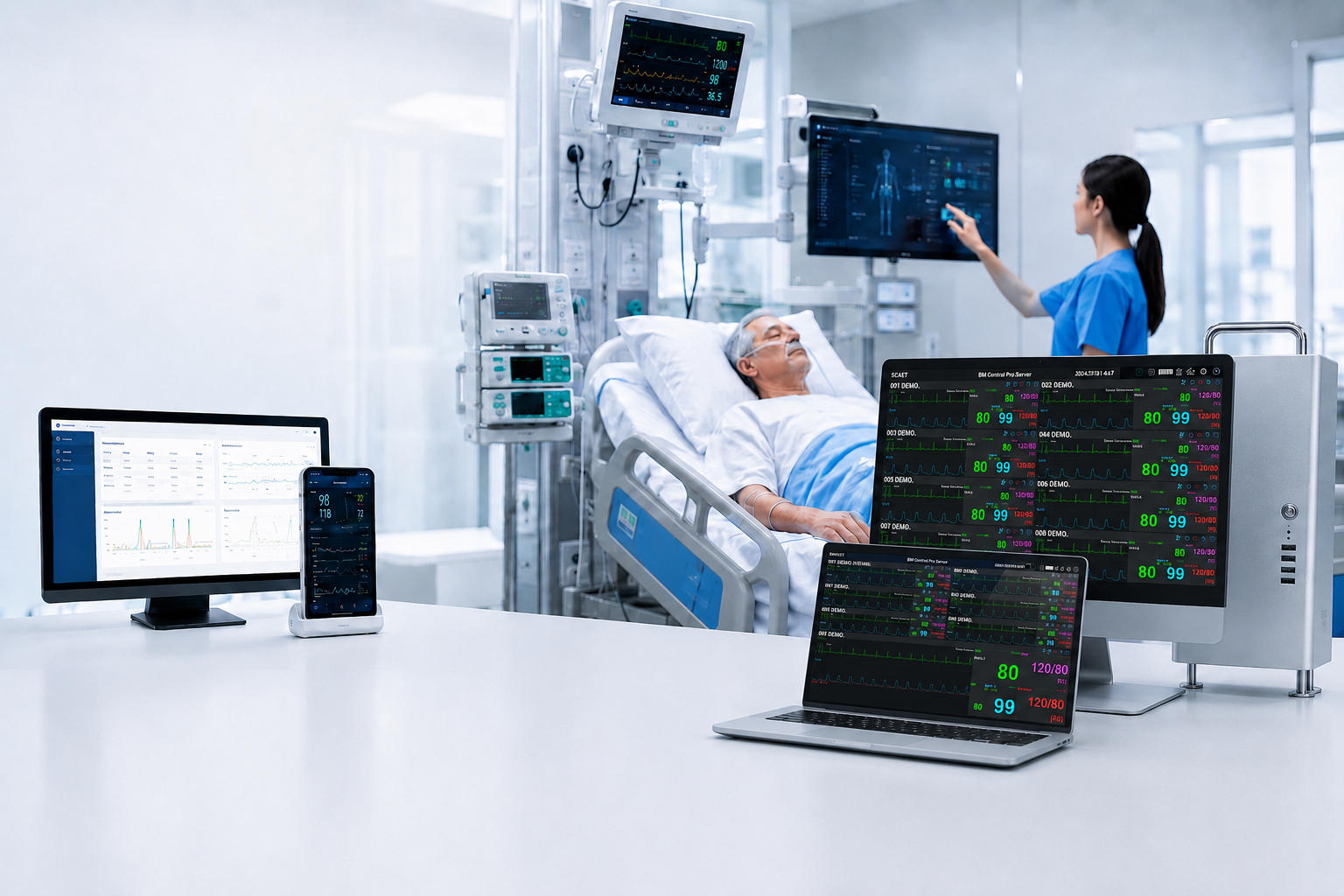 BM Central Pro Central Patient Monitoring System for Hospital Network and Remote Monitoring Bionet BM Central Pro central patient monitoring system providing real-time bedside, remote and mobile patient monitoring with integrated hospital network connectivity in ICU and critical care environments