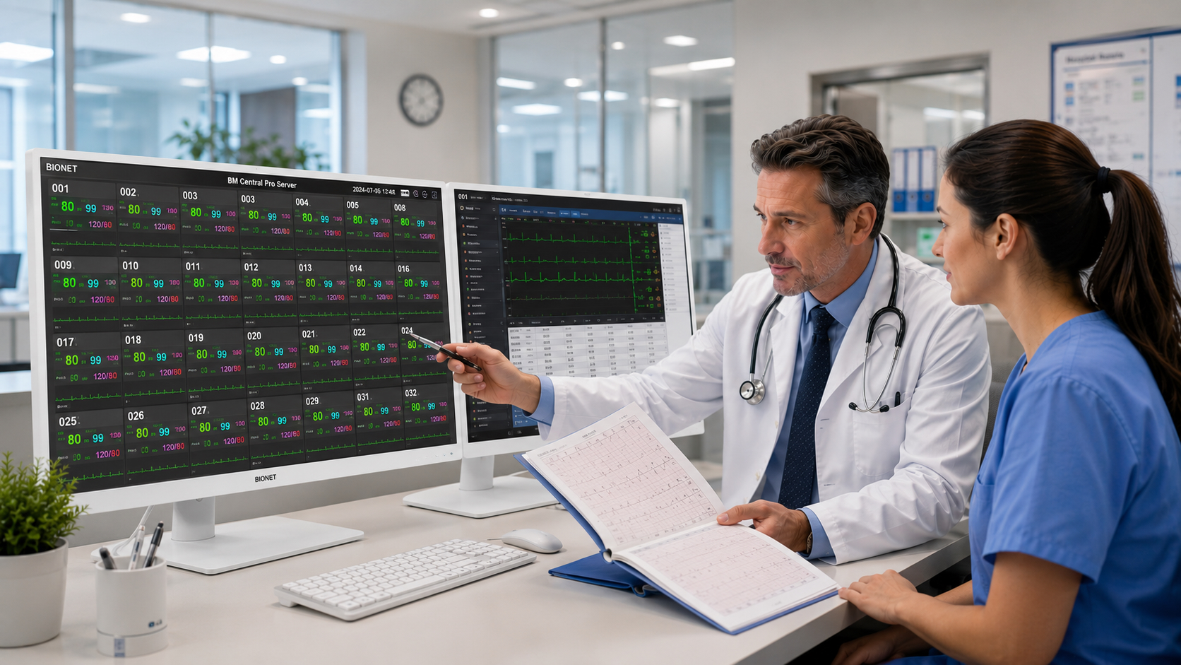 BM Central Pro Central Patient Monitoring System for Clinical Workflow and Real-Time Patient Surveillance Doctors and nurses using the Bionet BM Central Pro central patient monitoring system to review real-time ECG waveforms and vital signs for multiple patients in a hospital clinical monitoring station.
