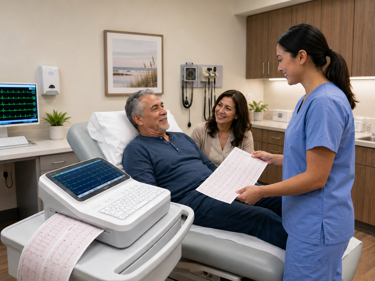 Cardio Q70 12-Channel ECG Electrocardiograph for Clinical Cardiac Examination Healthcare professional using the Bionet Cardio Q70 12-channel ECG electrocardiograph during a patient cardiac examination while reviewing ECG reports in a modern clinical environment.