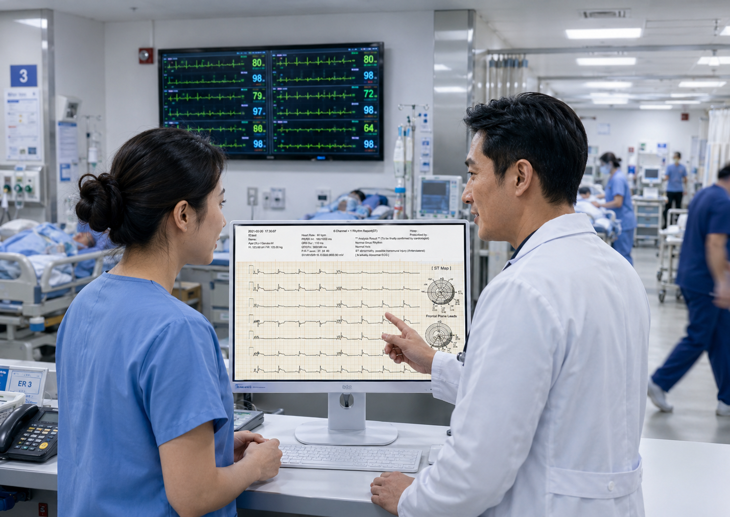 Hospital ECG Analysis and Central Patient Monitoring System for Clinical Decision Support Healthcare professionals reviewing 12-channel ECG results alongside a central patient monitoring system, enabling real-time cardiac assessment and clinical decision support in a hospital critical care environment.