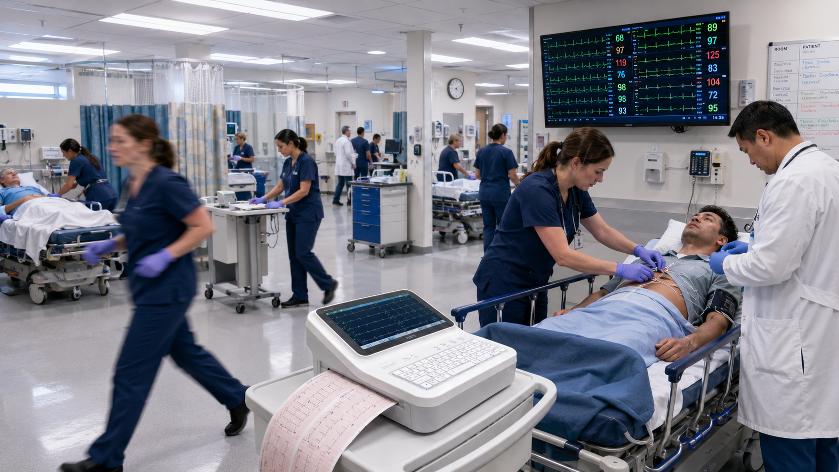 Emergency 12-Lead ECG System for Cardiac Diagnostics and Central Patient Monitoring Healthcare professionals performing a 12-lead ECG examination in an emergency department while using a central patient monitoring system for real-time cardiac diagnostics and continuous vital sign monitoring.