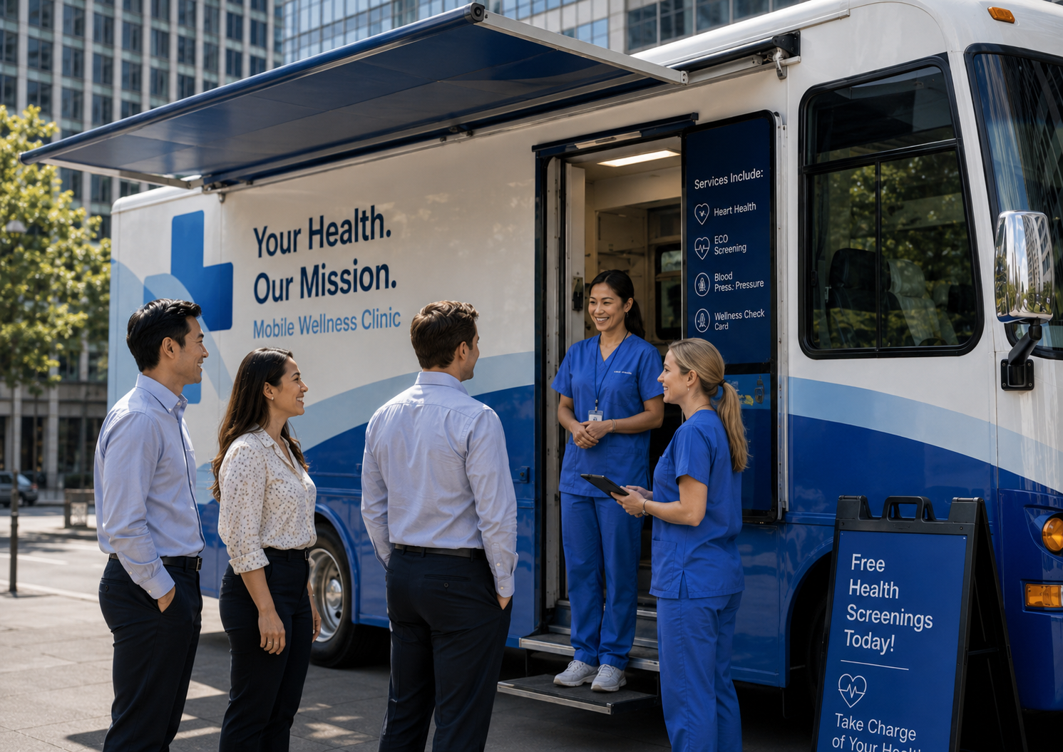 mobile-health-clinic-community-health-screening-services Healthcare professionals providing community health screening and preventive care services through a mobile health clinic, offering wellness programs, cardiovascular screening, and primary healthcare access.
