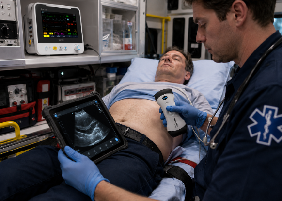Emergency medical professional performing a prehospital point-of-care ultrasound (POCUS) examination using a wireless portable ultrasound scanner inside an ambulance to support rapid emergency diagnosis and critical patient assessment.