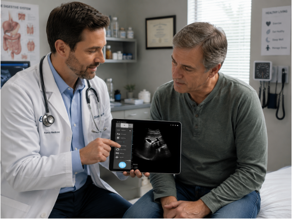 Physician explaining wireless portable ultrasound examination results to a patient using a tablet-based point-of-care ultrasound (POCUS) system during a clinical consultation.