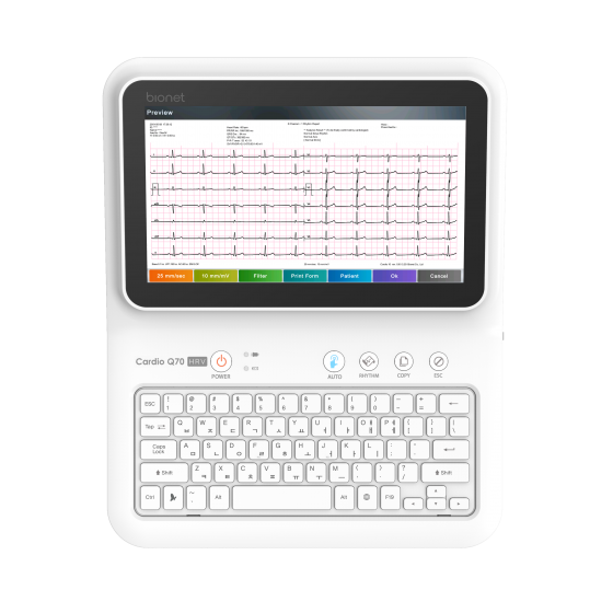 Bionet Cardio Q70 HRV 12-lead ECG machine with integrated heart rate variability (HRV) analysis for resting electrocardiography, cardiac diagnostics, and autonomic nervous system assessment.