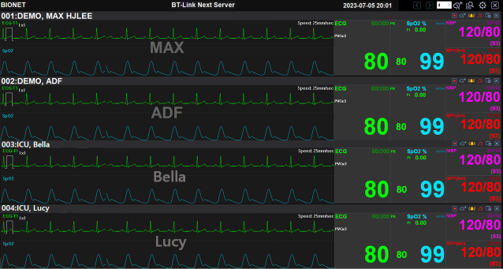 BT-Link Next Server Central Monitoring Software for Multi-Patient Vital Signs Monitoring BT-Link Next Server central monitoring software displaying real-time ECG, SpO₂, heart rate, and non-invasive blood pressure (NIBP) for multiple patients on a centralized monitoring dashboard.