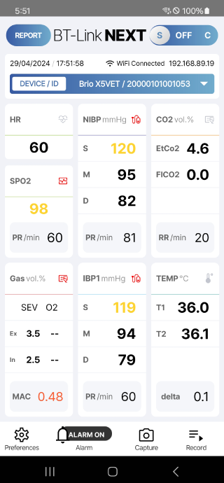 BT-Link Next Mobile App | Remote Patient Monitoring and Vital Signs Management BT-Link Next mobile application displaying real-time patient monitoring data, including ECG, SpO₂, NIBP, EtCO₂, IBP, temperature, respiratory rate, and anesthesia parameters for remote clinical monitoring.