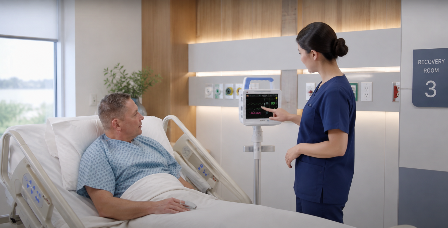 BIONET BM1 Bedside Patient Monitor in Recovery Room Nurse using the BIONET BM1 bedside patient monitor to review patient vital signs in a hospital recovery room.