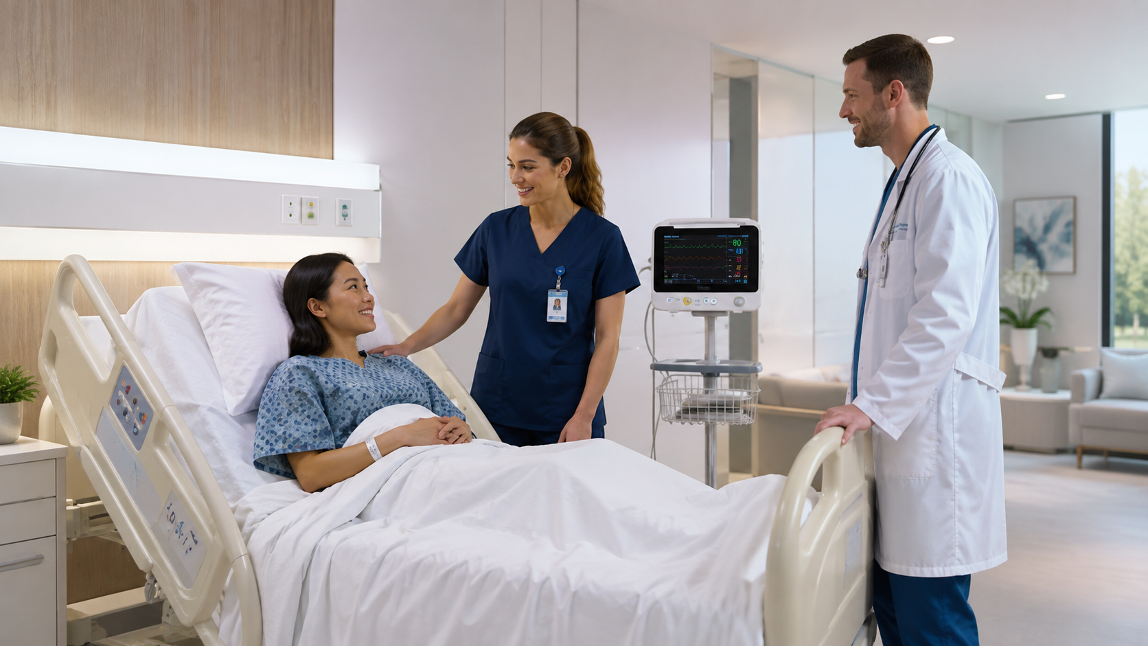 BIONET Brio X50 Patient Monitor for Hospital Patient Monitoring Healthcare professionals using the BIONET Brio X50 patient monitor to monitor a patient’s vital signs in a hospital room.