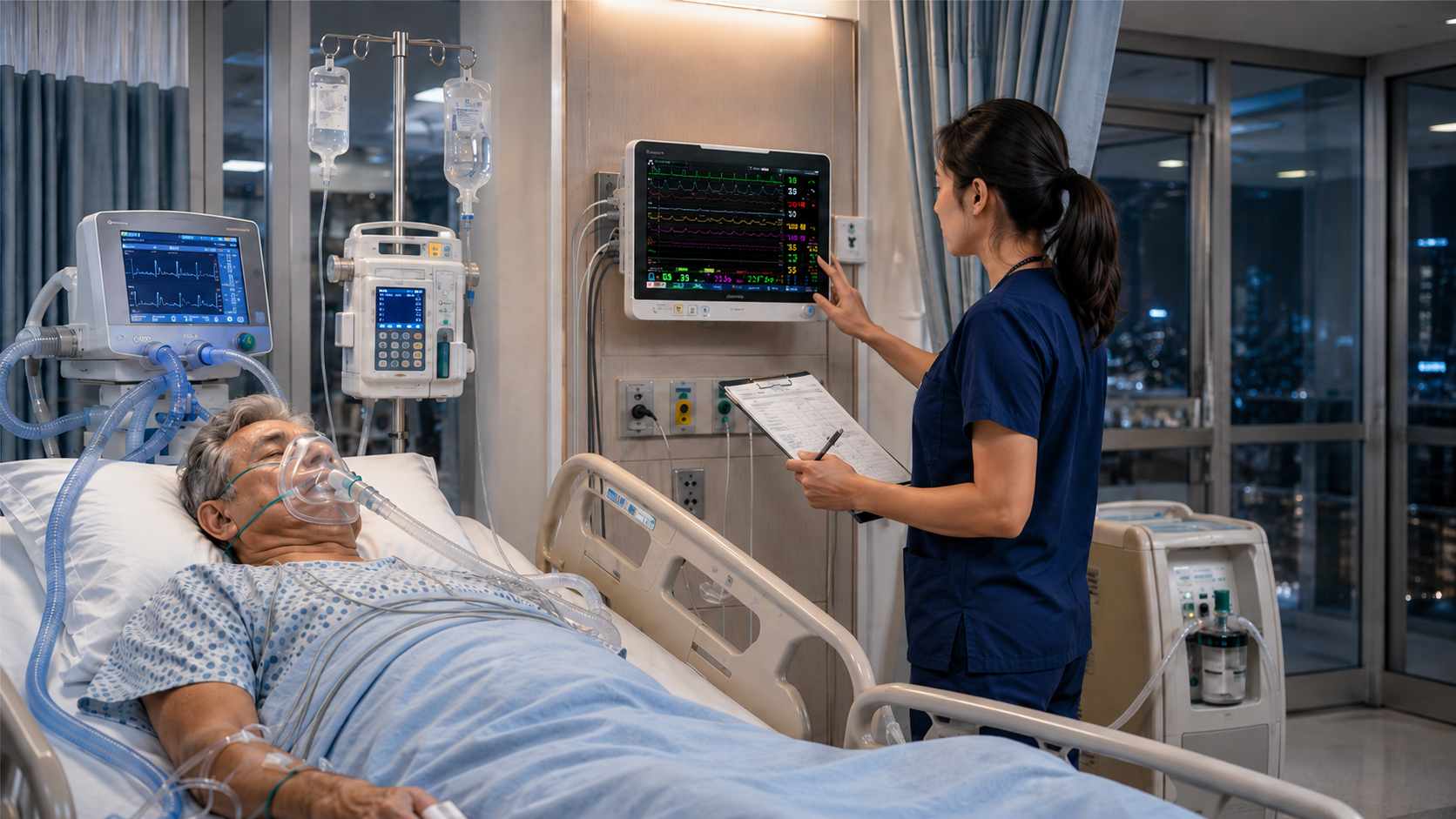 BIONET Brio X70 Patient Monitor for Intensive Care Nurse using the BIONET Brio X70 patient monitor to review real-time vital signs of a patient receiving intensive care.