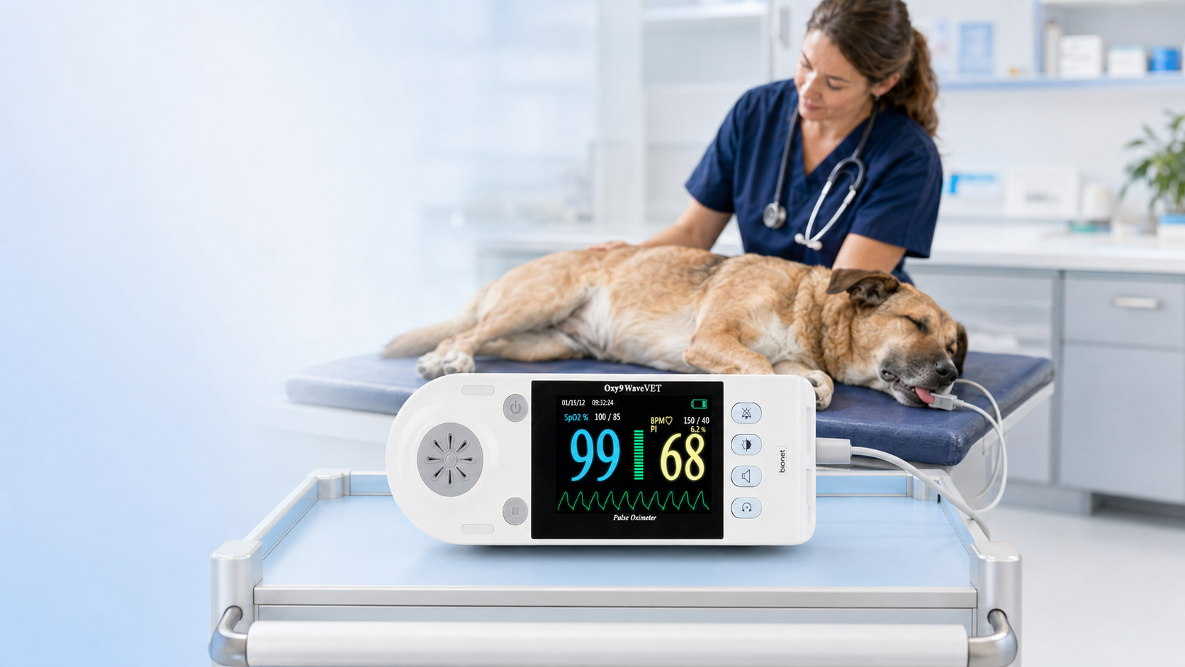 BIONET Oxy9Wave Vet – Veterinary Pulse Oximeter for SpO2 Monitoring BIONET Oxy9Wave Vet veterinary pulse oximeter monitoring SpO2 and pulse rate of a dog during veterinary care.