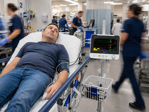 BIONET Brio X30 Patient Monitor for Emergency Care BIONET Brio X30 patient monitor displaying real-time vital signs while monitoring a patient in a hospital emergency care setting.