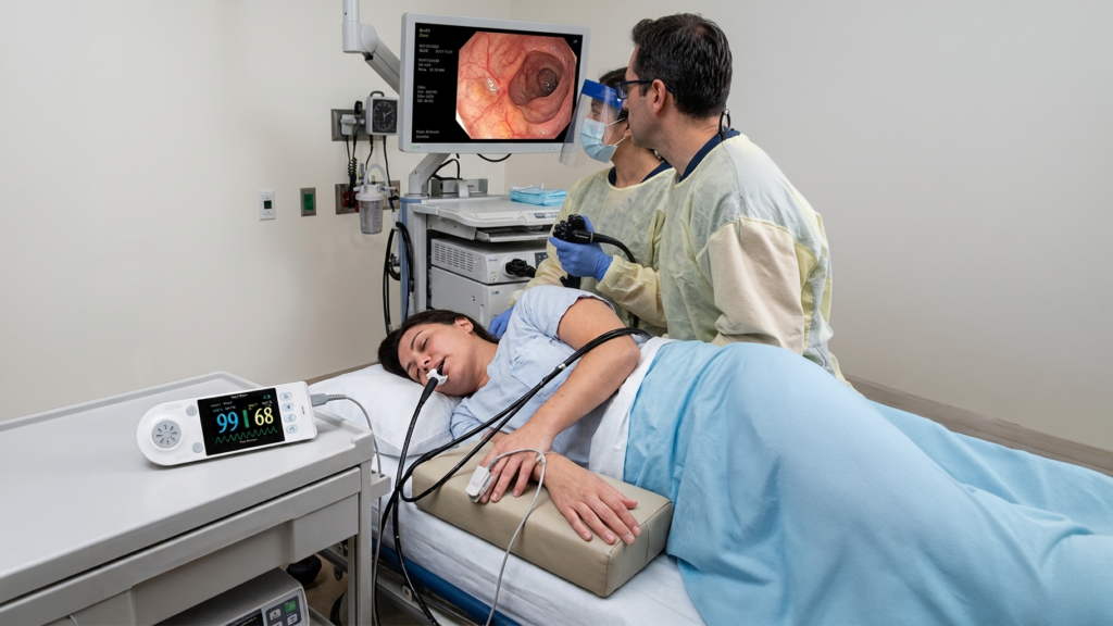 BIONET Oxy9Wave pulse oximeter monitoring SpO2 and pulse rate during an endoscopy procedure.