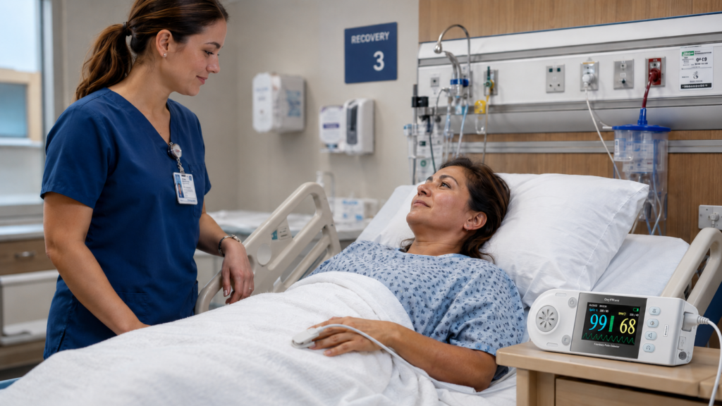 BIONET Oxy9Wave pulse oximeter monitoring SpO2 and pulse rate of a patient in a hospital recovery room.