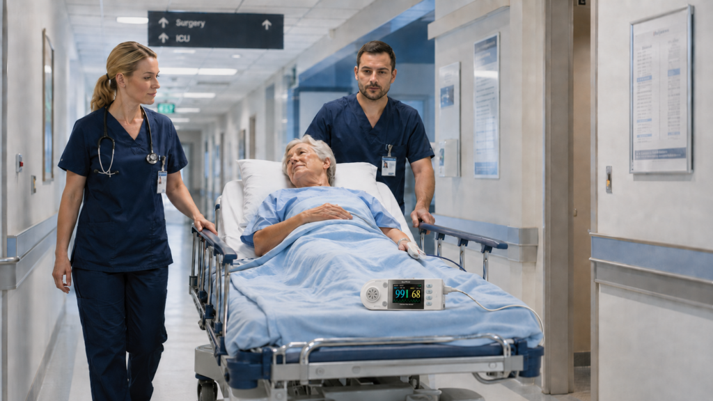 BIONET Oxy9Wave pulse oximeter monitoring SpO2 and pulse rate during patient transport in a hospital.