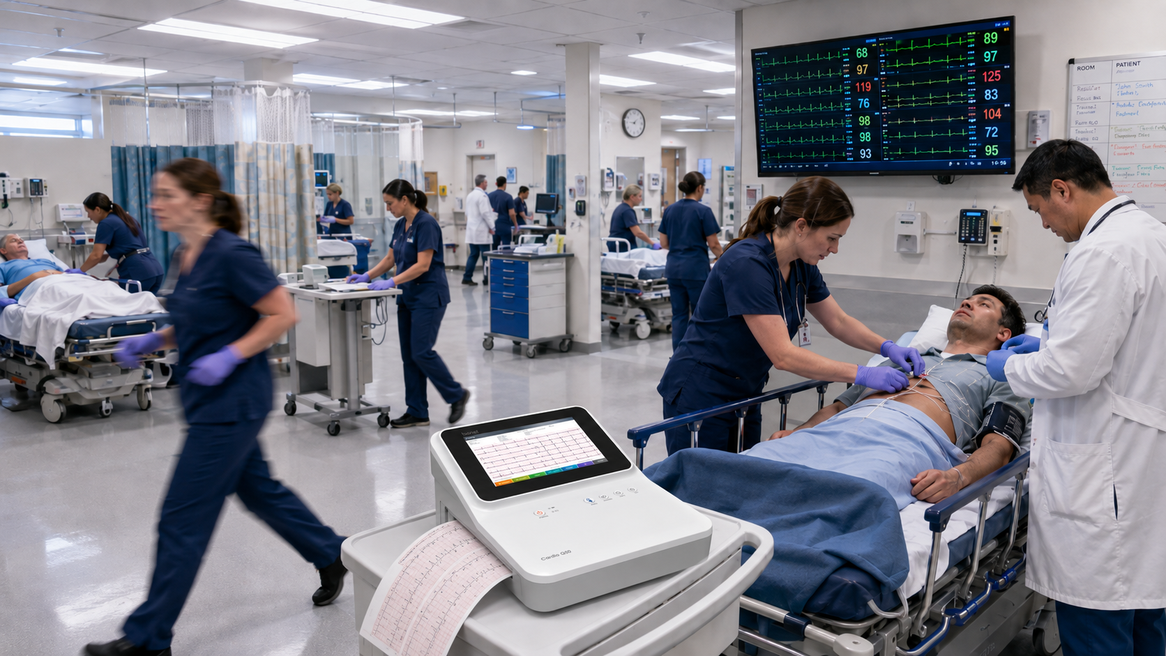 BIONET Cardio Q50 12-Lead ECG for Emergency Care BIONET Cardio Q50 12-lead ECG machine used for electrocardiogram testing in an emergency care setting.