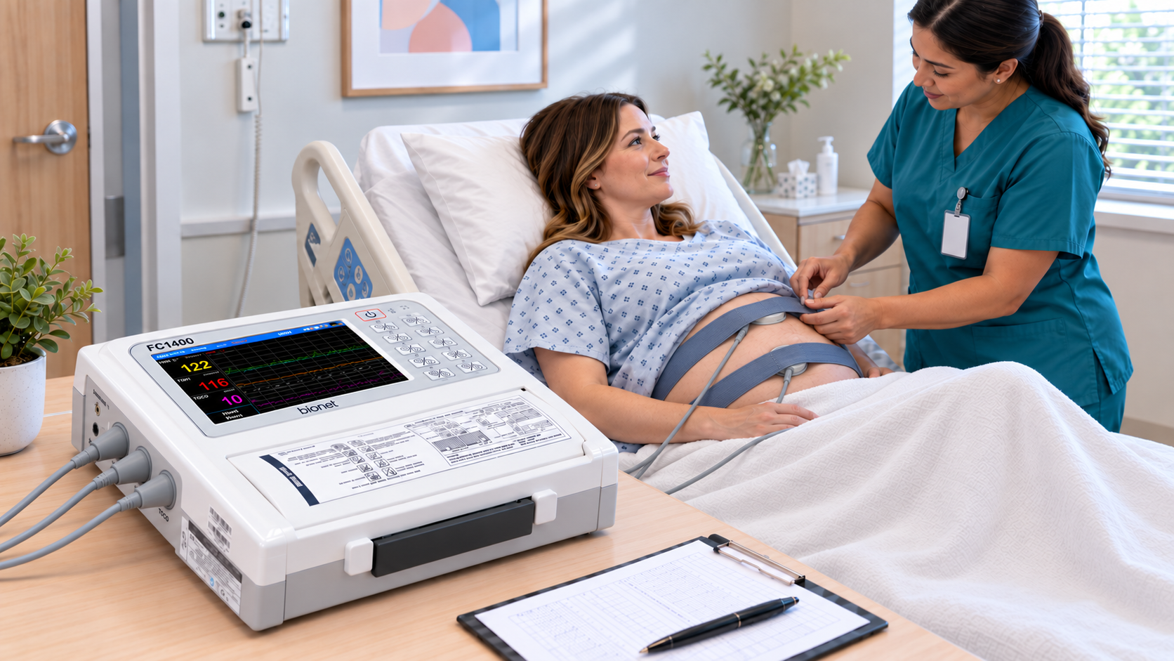 BIONET FC1400 fetal monitor used to monitor fetal heart rate and uterine activity during pregnancy.