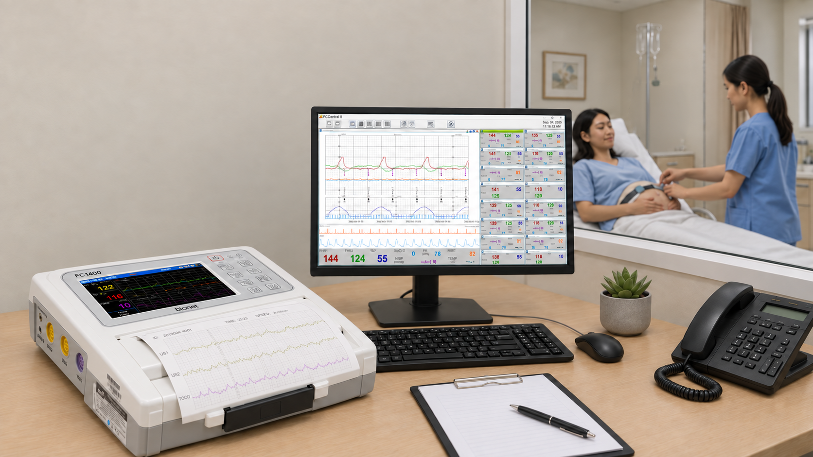 BIONET FC1400 fetal monitor connected to a central fetal monitoring system for fetal heart rate and uterine activity monitoring.