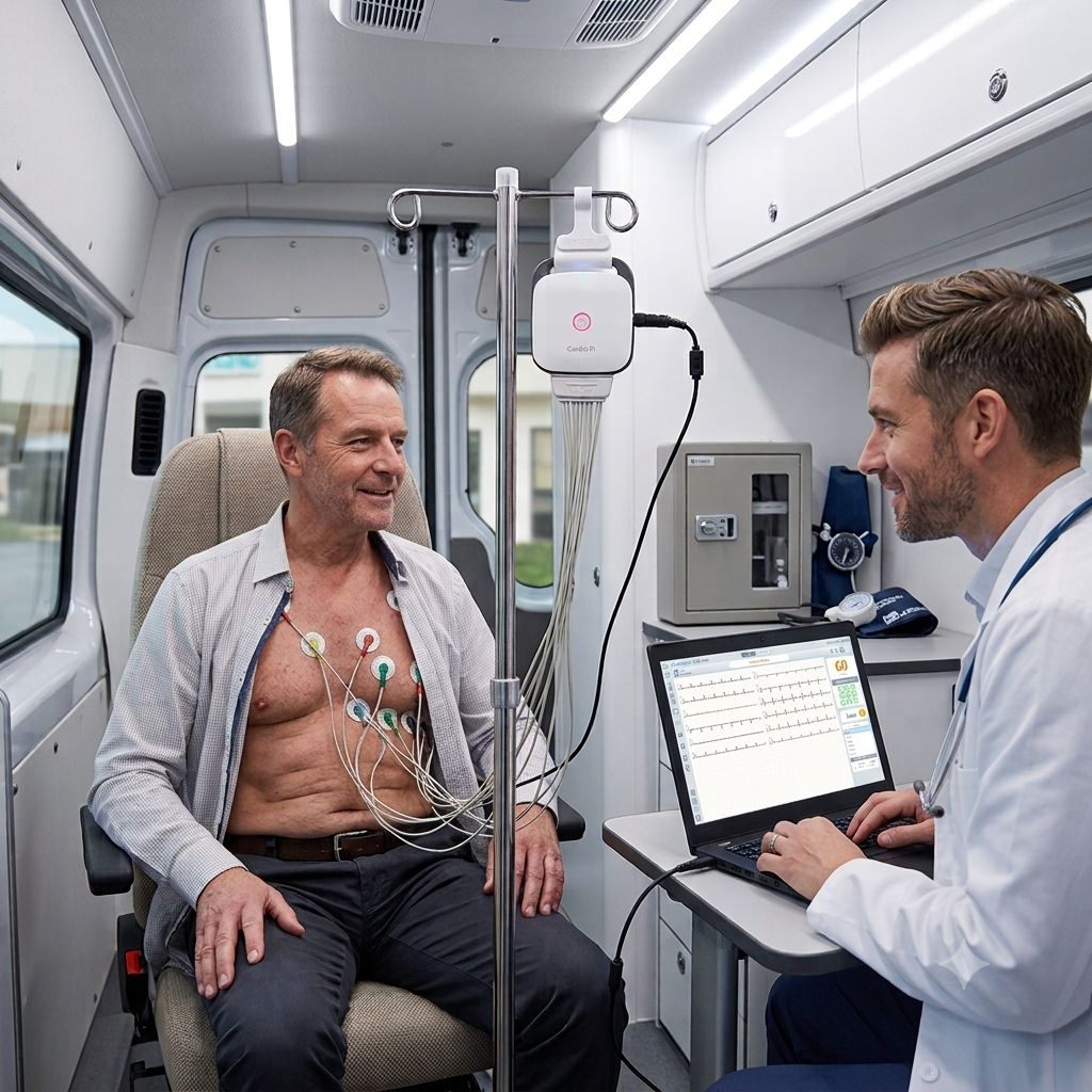 BIONET Cardio P1 Portable 12-Lead ECG for Mobile Screening BIONET Cardio P1 portable 12-lead ECG system used by a clinician for mobile cardiac screening and ECG recording.