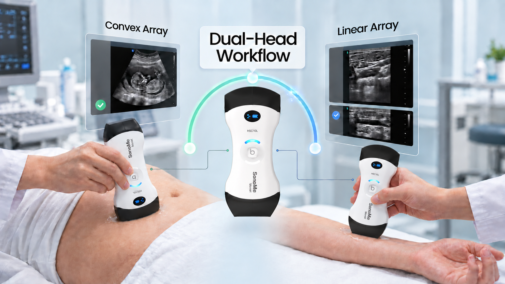 BIONET SonoMe H5C10L Dual-Head Wireless Ultrasound BIONET SonoMe H5C10L dual-head wireless ultrasound with convex and linear arrays for abdominal and superficial imaging.