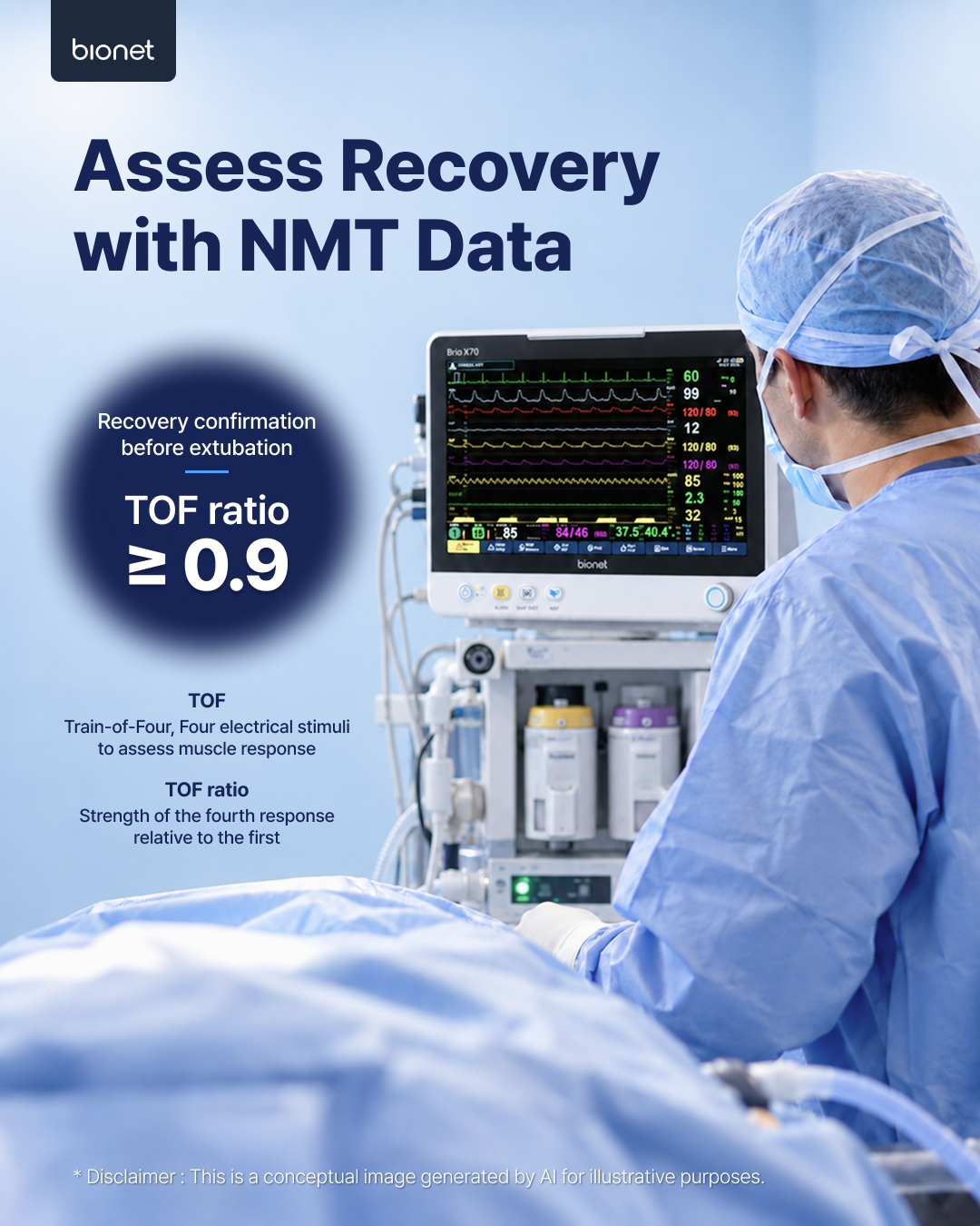 Assessing neuromuscular recovery with NMT data on the Brio X70, confirming a TOF ratio of at least 0.9 before extubation.
