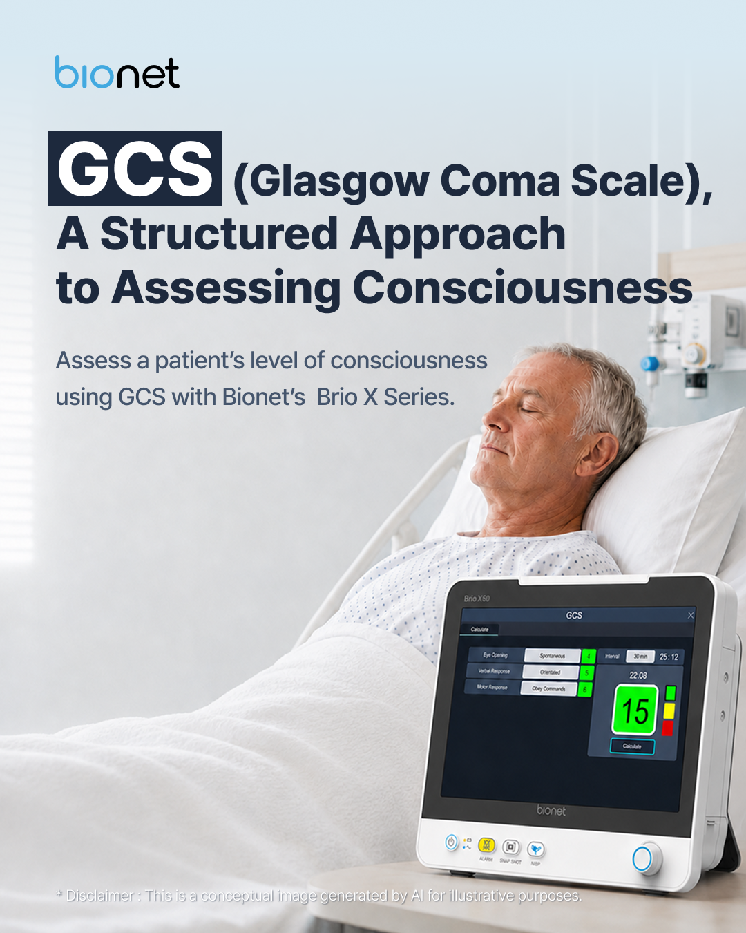 GCS (Glasgow Coma Scale): a structured approach to assessing a patient’s level of consciousness with the Bionet Brio X Series.