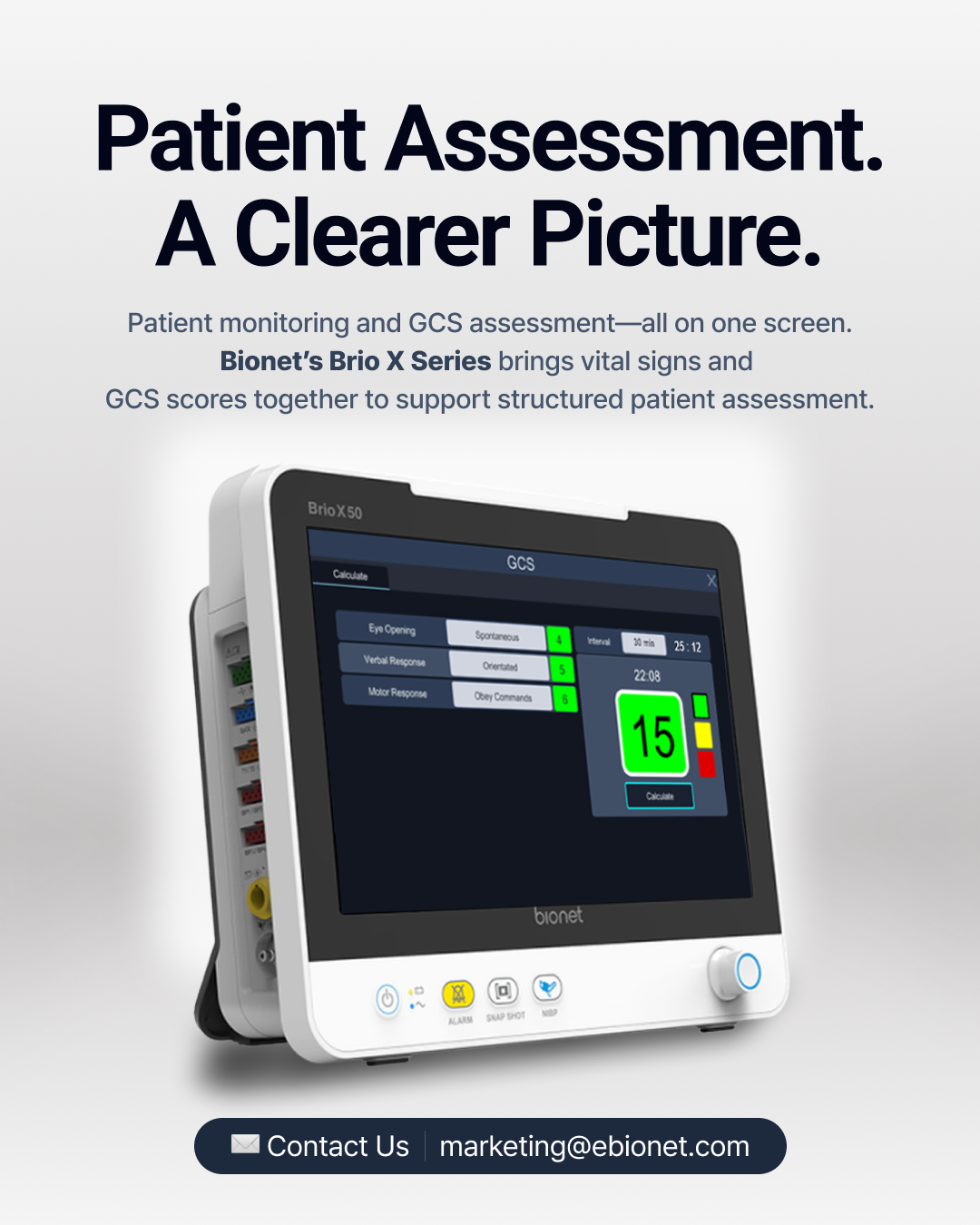 The Bionet Brio X Series brings vital signs and GCS scores together on one screen to support structured patient assessment.