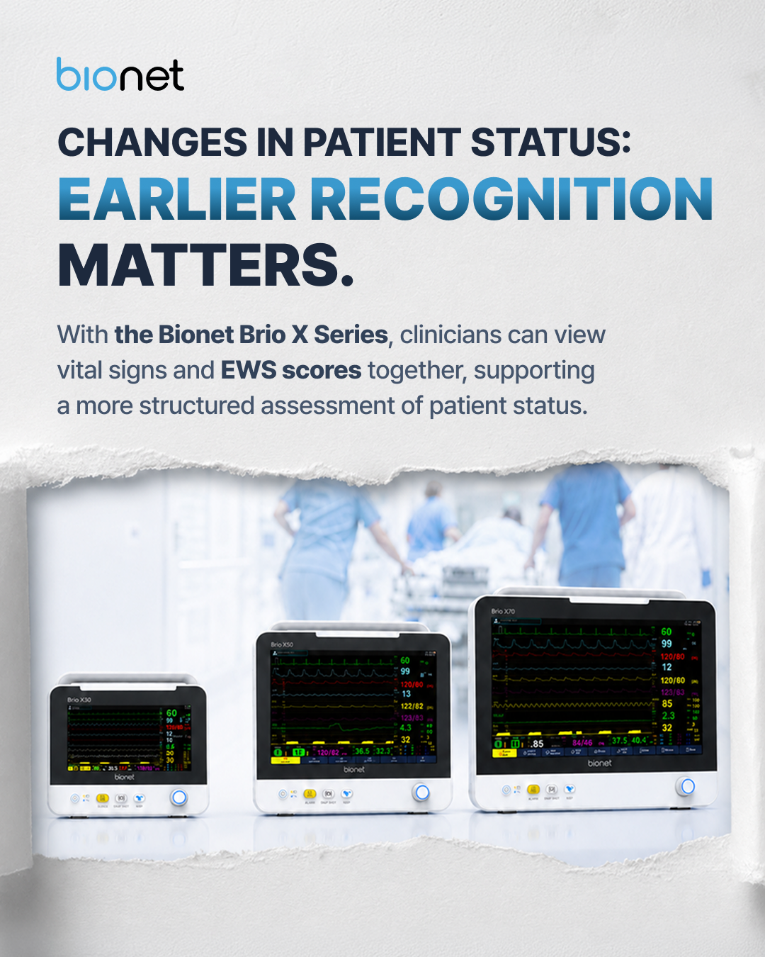 Changes in patient status — earlier recognition matters: the Bionet Brio X30, X50 and X70 show vital signs and EWS scores together.