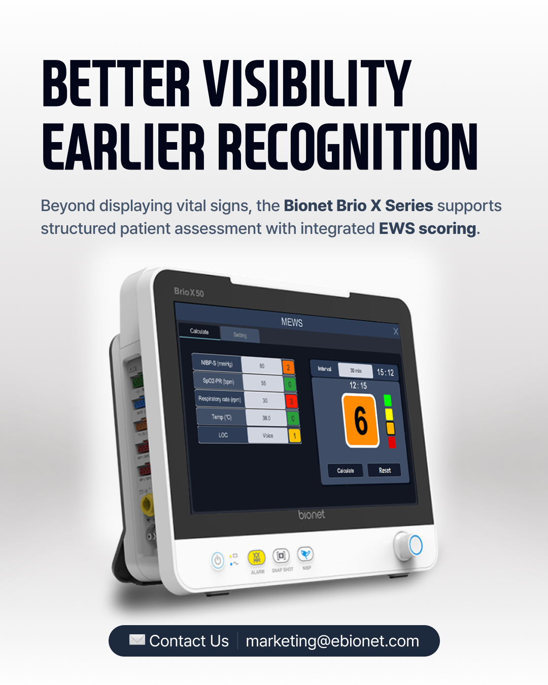 Better visibility, earlier recognition: the Bionet Brio X Series supports structured patient assessment with integrated EWS scoring.
