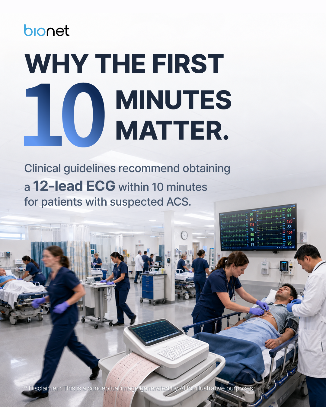 Why the first 10 minutes matter: clinical guidelines recommend obtaining a 12-lead ECG within 10 minutes for patients with suspected acute coronary syndrome.